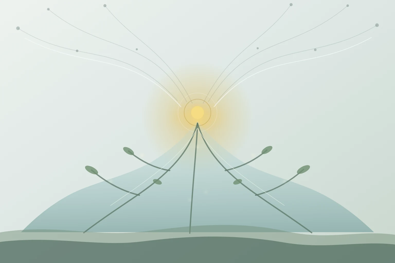 Luminous information paths converge at a golden choice point and open into water, roots, and living growth